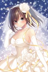  ahoge angel_beats! blush breasts bridal_veil brown_eyes brown_hair choker cleavage collarbone commentary_request dress elbow_gloves female floating_hair flower gloves hair_between_eyes hair_flower hair_ornament hair_ribbon hisako_(angel_beats!) large_breasts looking_at_viewer medium_hair nakamura_hinato ribbon rose shiny_skin solo standing strapless strapless_dress veil wedding_dress white_dress white_flower white_gloves white_rose yellow_ribbon 