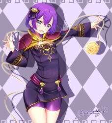  bernadetta_von_varley bike_shorts breasts commentary_request dress earrings female fire_emblem fire_emblem:_three_houses grey_eyes hair_ornament highres jewelry long_sleeves open_mouth purple_hair short_dress signature small_breasts solo yarn yarn_ball yuyumi_(yuurei) 