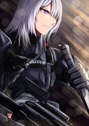  ak-15 ak-15_(girls&#039;_frontline) assault_rifle blurry blurry_background closed_mouth female girls&#039;_frontline gloves green_hair gun hair_between_eyes hair_over_one_eye harness highres holding holding_gun holding_knife holding_weapon kalashnikov_rifle knife long_hair looking_away purple_eyes reizo_ne rifle solo tactical_clothes upper_body weapon 