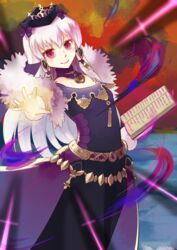  aura_(a440) bare_shoulders black_dress black_hat book closed_mouth collar commentary_request dress female fire_emblem fire_emblem:_three_houses fire_emblem_heroes fur_trim gloves hair_ornament hat highres holding holding_book long_hair lysithea_von_ordelia lysithea_von_ordelia_(a_new_future) official_alternate_costume open_book purple_collar smile solo white_gloves white_hair 