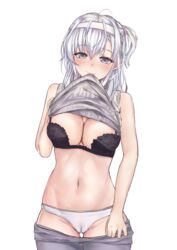  absurdres ahshi_(yingchuan_songshu) alternate_costume black_bra bra breasts cameltoe cleavage closed_mouth clothes_pull covered_nipples embarrassed female grey_eyes grey_hair grey_pantyhose hachimaki headband highres kantai_collection large_breasts lifting_own_clothes looking_at_viewer navel open_mouth panties pantyhose pantyhose_pull ribbed_sweater side_ponytail smile solo stomach suzutsuki_(kancolle) sweater underwear white_headwear white_panties 