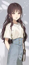  bad_id bad_pixiv_id bag blue_skirt breasts brown_eyes brown_hair commentary female grey_background high-waist_skirt highres koyoi_mitsuki long_hair original shirt short_sleeves shoulder_bag skirt small_breasts solo star_(symbol) thick_eyebrows very_long_hair wavy_hair white_shirt 