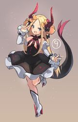  :d abigail_williams_(fate) black_bow black_dress blonde_hair blue_eyes blush boots bow commentary cosplay curled_horns detached_sleeves dragon_girl dragon_horns dragon_tail dress elizabeth_bathory_(fate) elizabeth_bathory_(fate/extra_ccc) elizabeth_bathory_(fate/extra_ccc)_(cosplay) elizabeth_bathory_(first_ascension)_(fate) elizabeth_bathory_(first_ascension)_(fate)_(cosplay) english_commentary fate/extra fate/extra_ccc fate/grand_order fate_(series) female forehead full_body hairbow hand_up high_heel_boots high_heels highres horns knee_boots long_hair long_sleeves looking_at_viewer miya_(miyaruta) oerba_yun_fang open_mouth orange_bow parted_bangs polka_dot polka_dot_bow sleeves_past_wrists smile solo spiked_boots spiked_footwear spikes standing standing_on_one_leg tail tail_raised v v-shaped_eyebrows very_long_hair white_footwear white_sleeves 