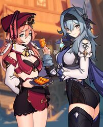  2girls aqua_eyes ass bare_shoulders blue_hair breasts cleavage commentary cropped_jacket distr eating eula_(genshin_impact) food genshin_impact gloves hair_ornament hairband hat highres horns long_sleeves medium_breasts midriff multiple_girls outdoors pink_hair plate shorts small_breasts standing thighhighs yanfei_(genshin_impact) zhongyuan_chop_suey_(genshin_impact) 