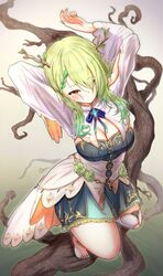  antlers arms_up barefoot braid branch breasts ceres_fauna ceres_fauna_(1st_costume) cleavage dress female green_hair highres hololive hololive_english horns kaiju_ryoku large_breasts leaf medium_hair nail_polish skirt thighs tree virtual_youtuber white_dress wide_hips yellow_eyes 