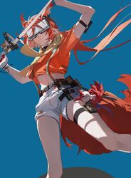  animal_ears arknights arm_strap blue_background chinese_commentary commentary crop_top feet_out_of_frame female flametail_(arknights) flametail_(sport_for_all)_(arknights) head-mounted_display highres holding holding_sword holding_weapon large_tail midriff navel orange_hair orange_shirt shirt short_shorts short_sleeves shorts simple_background solo standing stomach suspenders sword tail thigh_strap thighs tied_shirt weapon white_shorts zhishihua 