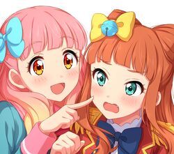  2girls absurdres aikatsu!_(series) aikatsu_friends! aikatsu_on_parade! aikatsu_stars! bell black_bow blonde_hair blue_bow blunt_bangs blush bow bowtie cheek_poking cone_hair_bun epaulettes gradient_hair green_eyes hair_bun hairbow highres jingle_bell long_hair long_sleeves looking_at_another multicolored_hair multiple_girls open_mouth orange_hair pink_hair poking s4_uniform saotome_ako school_uniform sekina simple_background smile upper_body white_background yellow_eyes yuki_aine 