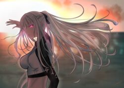  absurdres ak-12_(age_of_slushies)_(girls&#039;_frontline) ak-12_(girls&#039;_frontline) arm_up blurry blurry_background braid breasts commentary female french_braid from_side gincho girls&#039;_frontline glowing glowing_eye hair_ribbon highres long_hair long_sleeves looking_at_viewer medium_breasts official_alternate_costume one-piece_swimsuit open_mouth parted_lips ponytail purple_eyes ribbon solo sunlight swimsuit unusually_open_eyes upper_body white_hair white_one-piece_swimsuit 