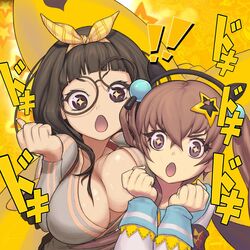  ! !! +_+ 2girls animal_ears blush breasts brown-framed_eyewear brown_hair cat_ears cleavage clenched_hands commentary_request davi_(destiny_child) destiny_child fake_animal_ears glasses hair_between_eyes hair_ornament highres jnxc large_breasts light_brown_hair long_hair looking_at_viewer multiple_girls open_mouth round_eyewear sparkling_eyes star_(symbol) star_hair_ornament translation_request twintails unaligned_breasts wodan_(destiny_child) 