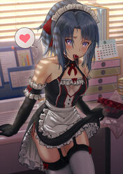  absurdres alice_gear_aegis apron black_gloves black_skirt blue_hair blush bow breasts cleavage clothes_lift collarbone elbow_gloves female garter_straps gloves grey_thighhighs hair_between_eyes hair_intakes hairbow heart highres indoors lifting_own_clothes long_hair maid miniskirt mouth_hold origami_yakko ponytail purple_eyes red_bow shiny_clothes shiny_legwear skirt skirt_lift small_breasts solo speech_bubble spoken_heart standing takanashi_rei thighhighs waist_apron white_apron 