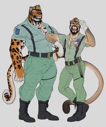  2022 anthro beard biped black_body black_fur boots brown_body brown_fur closed_eyes clothing cougar digital_media_(artwork) duo facial_hair felid feline footwear fur gloves handwear hi_res jewelry larger_anthro larger_male male mammal markings military_uniform multicolored_body multicolored_fur muscular muscular_anthro muscular_male necklace open_mouth open_smile orange_body orange_fur pantherine plantigrade repzzmonster ring_(marking) shirt simple_background size_difference smaller_anthro smaller_male smile suspenders tan_body tan_fur topwear uniform white_background 