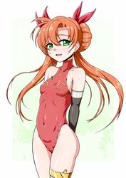  :d bare_shoulders blush bow breasts cameltoe covered_navel cowboy_shot detached_sleeves doughnut_hair_bun female green_eyes hair_bun hairbow highres kyo9999 langrisser langrisser_iii leotard long_hair looking_at_viewer orange_hair red_bow red_leotard simple_background small_breasts smile solo thighlet tiaris_(langrisser) twintails white_background 