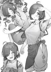  :d absurdres ahoge apron blush breasts closed_eyes commentary english_commentary female greyscale hand_up highres kotoribako large_breasts looking_at_viewer looking_back mole mole_under_eye monochrome multiple_views open_mouth original shirt short_hair shorts simple_background smile squatting standing tomato tomato_plant waist_apron white_background 