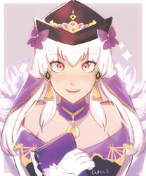  absurdres bare_shoulders black_dress black_hat bow collar commentary dress english_commentary facing_viewer female fire_emblem fire_emblem:_three_houses fire_emblem_heroes gloves hair_ornament hat highres lazeuli long_hair lysithea_von_ordelia lysithea_von_ordelia_(a_new_future) official_alternate_costume open_mouth pink_eyes purple_collar simple_background smile solo teeth upper_body upper_teeth_only white_gloves white_hair 