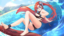  :d absurdres altheavin barefoot bikini black_bikini blue_eyes blurry blurry_background bracelet breasts cameltoe female floating_hair glasses hair_between_eyes highres jewelry labyrista_(princess_connect!) lens_flare long_hair multi-strapped_bikini ocean open_mouth ponytail princess_connect! red_hair semi-rimless_eyewear smile solo summer surfboard swimsuit thigh_strap under-rim_eyewear very_long_hair 