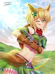  ;q absurdres akatsuki_kirika animal_ears armband belt belt_buckle blonde_hair bra breasts brown_belt brown_gloves buckle cloud cosplay cowboy_hat day detached_sleeves female gloves green_armband green_bra green_eyes green_skirt green_sleeves gun hair_ornament handgun hat highres holding holding_gun holding_weapon horse_ears horse_girl horse_tail juan_0121 looking_at_viewer medium_breasts medium_hair midriff miniskirt navel one_eye_closed outdoors senki_zesshou_symphogear short_sleeves signature skirt solo standing star_(symbol) star_hair_ornament stomach taiki_shuttle_(umamusume) taiki_shuttle_(umamusume)_(cosplay) tail tongue tongue_out umamusume underwear weapon 