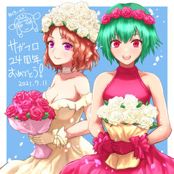  2girls asellus_(saga_frontier) breasts brown_hair cleavage closed_mouth curly_hair dress flower gloves green_hair hair_flower hair_ornament highres kitaokasensei long_hair looking_at_viewer multiple_girls open_mouth princess_rei princess_white_rose red_eyes red_flower red_rose rose saga saga_frontier short_hair simple_background smile translation_request wedding_dress white_flower white_rose 