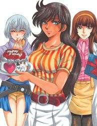  3girls belt black_eyes black_hair black_legwear brown_eyes brown_hair cake closed_eyes dark-skinned_female dark_skin feline food fruit grey_hair highres honoo_jun lisa_(mazinger_z:_infinity) long_hair mazinger_(series) mazinger_z mazinger_z:_infinity miniskirt multiple_girls pantyhose sakura_usagi_(yuina) short_shorts shorts skirt smile strawberry yumi_sayaka 