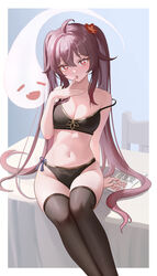  absurdres ahoge alternate_costume arm_support bare_shoulders bikini black_bikini black_thighhighs boo_tao_(genshin_impact) border breasts brown_hair cleavage colored_tips commentary_request feet_out_of_frame female finger_in_own_mouth flower flower-shaped_pupils genshin_impact ghost gold_trim gradient_hair hair_between_eyes hair_flaps hair_flower hair_ornament highres hu_tao_(genshin_impact) long_hair medium_breasts multicolored_hair navel open_mouth outside_border red_eyes sitting solo stomach strap_slip swimsuit symbol-shaped_pupils thighhighs thighs ttkaki twintails very_long_hair white_border 