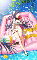  ball bare_legs beachball bikini bikini_under_clothes black_bikini black_choker black_nails breasts caustics choker cleavage closers crop_top earrings eunha_(closers) feet female flower frown green_eyes hair_flower hair_ornament halterneck hand_fan highres holding inflatable_raft jewelry large_breasts legs long_hair looking_away midriff nail_polish navel one_side_up outdoors paper_fan purple_hair sandals sarong shirt short_sleeves sitting slippers solo source_request stomach string_bikini swimsuit thigh_strap thighs toenail_polish toenails toes v-shaped_eyebrows very_long_hair water wet white_shirt wristband 