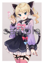  :d animal_ears bell black_choker black_sailor_collar black_skirt blonde_hair blue_eyes blue_nails blush border bow bowtie cat_ears choker commentary_request cowboy_shot female fingernails frilled_bow frilled_bowtie frills grey_background hairbow hand_up heart highres ikeuchi_tanuma indie_virtual_youtuber long_sleeves looking_at_viewer miniskirt nail_polish neck_bell open_mouth pink_bow pink_bowtie pink_thighhighs purple_shirt red_nails sailor_collar school_uniform serafuku shirt skirt smile solo tamiko_(vtuber) thighhighs twintails virtual_youtuber watermark white_border 