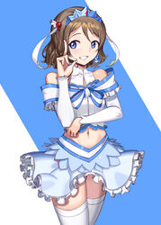  absurdres blue_eyes cleavage_cutout clothing_cutout collarbone commentary_request detached_sleeves earrings female highres jewelry koi_ni_naritai_aquarium korean_commentary light_brown_hair love_live! love_live!_sunshine!! midriff miniskirt navel powzin76 short_hair sidelocks skirt solo thighhighs watanabe_you white_thighhighs 