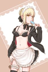  apron apron_lift artoria_pendragon_(alter_swimsuit_rider)_(fate) artoria_pendragon_(alter_swimsuit_rider)_(second_ascension)_(fate) artoria_pendragon_(fate) black_bow black_bra black_jacket black_neckwear black_skirt black_thighhighs blonde_hair bow bra braid braided_bun breasts choker cleavage clothes_lift commentary_request cowboy_shot eating fate/grand_order fate_(series) female food frilled_apron frilled_bra frilled_skirt frills groin hair_bun hairbow highres holding holding_food hood hood_down hooded_jacket ice_cream jacket lifting_own_clothes long_sleeves maid_headdress midriff miniskirt navel open_clothes open_jacket popsicle shayubi short_hair skirt small_breasts solo standing stomach thigh_strap thighhighs underwear unzipped waist_apron white_apron yellow_eyes 