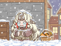  apron arknights basket blonde_hair blush braid brown_apron brown_dress chibi collared_dress crying crying_with_eyes_open dress female grey_hair guin_guin house long_hair long_sleeves matchbox multicolored_hair night nose_blush outdoors parted_lips side_braids snow snow_on_head snowing snowsant_(arknights) solo squatting stitches tears trembling twin_braids two-tone_hair very_long_hair wavy_eyes wavy_mouth window 