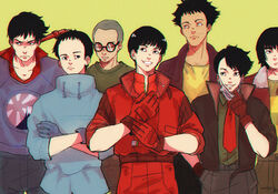  6+boys akira_(manga) black_eyes black_hair character_request commentary crossed_arms forehead frown glasses gloves green_shirt hand_in_pocket jacket kai_(akira) kaneda_shoutarou_(akira) male_focus mask multiple_boys necktie penginius red_gloves red_jacket red_necktie shima_tetsuo shirt unworn_mask yamagata_(akira) yellow_background 