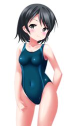  ass_visible_through_thighs black_eyes black_hair blue_one-piece_swimsuit breasts collarbone competition_swimsuit contrapposto covered_navel cowboy_shot female highres kaze_makase looking_to_the_side one-piece_swimsuit original pout short_hair simple_background small_breasts solo standing swimsuit white_background 