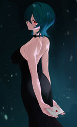  absurdres ass backless_dress backless_outfit bare_shoulders black_choker black_dress blue_hair breasts choker dress envelope female from_side frown furai_sen hair_between_eyes highres holding holding_envelope looking_to_the_side making-of_available original red_eyes short_hair sideboob solo strapless strapless_dress 