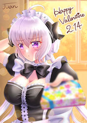  absurdres ahoge alternate_costume averting_eyes back_bow black_bow black_bowtie black_shirt blurry blurry_foreground blush bow bowtie box breasts cleavage collar detached_collar embarrassed enmaided female floating_hair gift gift_box hair_between_eyes hairbow hand_in_own_hair happy_valentine highres holding holding_box indoors juan_0121 large_breasts long_hair maid maid_headdress purple_eyes senki_zesshou_symphogear shirt short_sleeves solo twintails upper_body valentine very_long_hair white_bow white_collar white_hair wing_collar yukine_chris 