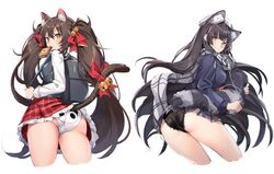  2girls alternate_costume animal_ears animal_print ass bad_id bad_twitter_id bag bell black_hair black_panties blush bread bread_slice breasts cat_ears cat_tail commentary cropped_legs douya_(233) earphones food food_in_mouth from_behind girls&#039;_frontline grey_scarf grey_vest hair_bell hair_ornament holding_own_tail jingle_bell lace lace-trimmed_panties lace_trim large_breasts long_hair looking_at_viewer looking_back mouth_hold multiple_girls official_alternate_costume panties petticoat plaid plaid_skirt pleated_skirt purple_skirt purple_sweater red_skirt ribbon scarf school_bag school_uniform shirt simple_background skirt smile sweater tail tail_bell tail_ornament tail_ribbon toast toast_in_mouth twintails type_95_(girls&#039;_frontline) type_95_(pure_white_graduation)_(girls&#039;_frontline) type_97_(girls&#039;_frontline) type_97_(late_for_school)_(girls&#039;_frontline) underwear very_long_hair vest white_background white_panties white_shirt yellow_eyes 