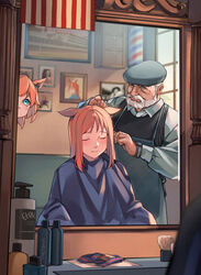  1boy 2girls absurdres animal_ears apron aqua_eyes barber barber_pole beard brown_hair ear_ornament facial_hair flat_cap fuyukayui grass_wonder_(umamusume) grey_eyes hat highres horse_ears horse_girl light_brown_hair long_hair mirror multiple_girls mutton_chops old old_man reflection ribbon sidelocks taiki_shuttle_(umamusume) umamusume unworn_ribbon watch white_facial_hair white_hair wristwatch 