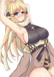  armpits arms_up azur_lane black_panties black_sweater blonde_hair blue_eyes blush breasts brown_coat cleavage coat coat_dress cross female highres laurel_crown official_alternate_costume panties ryakusun sideboob simple_background sleeveless sleeveless_sweater solo sweater taut_sweater_vest thighs underwear victorious_(azur_lane) victorious_(the_goddess&#039;_day_off)_(azur_lane) white_background 