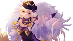  absurdres arcelle bare_shoulders black_hat breasts cleavage closed_mouth collar commentary dress female fire_emblem fire_emblem:_three_houses fire_emblem_heroes fur_trim gloves hair_ornament hat highres long_hair lysithea_von_ordelia lysithea_von_ordelia_(a_new_future) official_alternate_costume pink_eyes purple_collar small_breasts solo transparent_background upper_body white_gloves white_hair 