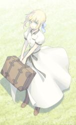  absurdres ahoge artoria_pendragon_(fate) bag black_ribbon blonde_hair blue_bow boots bow braid braided_bun brown_bag brown_footwear collared_dress commentary_request cross-laced_footwear dress fate/stay_night fate_(series) female floating_hair from_above full_body hair_bun hairbow highres holding holding_bag knee_boots lace-up_boots official_alternate_costume ribbon saber_(fate) shayubi short_hair short_sleeves solo standing sundress white_background white_dress wing_collar 