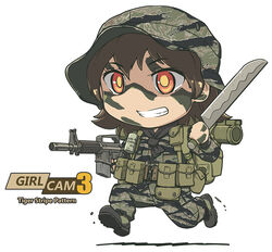  alice_gear assault_rifle belt boots brown_hair camouflage chibi chinese_commentary colt_commando commentary_request facepaint female girlcam_(tanto) grin gun hat m72_law machete military military_uniform photoshop_(medium) pouch red_eyes rifle running smile tanto_(tc1995) teeth uniform utility_belt vietnam_war weapon 