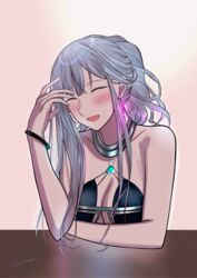  absurdres ak-12_(girls&#039;_frontline) ak-12_(quiet_azure)_(girls&#039;_frontline) aqua_dress arm_up artist_name bar_(place) bare_shoulders blush bracelet breasts cleavage closed_eyes collarbone commentary dress earrings elbow_on_table female gincho girls&#039;_frontline grey_hair highres jewelry laughing long_hair medium_breasts official_alternate_costume open_mouth parted_lips ponytail ring simple_background smile solo upper_body 