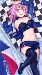  :d absurdres alice_gear_aegis belt belt_buckle black_footwear black_shorts blue_belt blue_jacket blush boots breasts buckle cleavage female from_above hair_between_eyes highres hirasaka_yotsuyu jacket long_hair long_sleeves looking_at_viewer lying medium_breasts midriff navel on_back open_clothes open_jacket open_mouth origami_yakko pink_hair purple_eyes race_queen short_shorts shorts smile solo stomach strapless thigh_boots zettai_ryouiki 