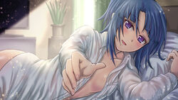  :d alice_gear_aegis blue_hair blush breasts collared_shirt dress_shirt female hair_between_eyes highres indoors long_hair long_sleeves looking_at_viewer lying naked_shirt on_bed on_side open_clothes open_mouth open_shirt origami_yakko pillow pov purple_eyes shirt small_breasts smile solo takanashi_rei white_shirt wing_collar 