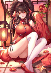  brown_hair china_dress chinese_clothes commentary_request double_bun dress female flats flower girls&#039;_frontline hair_bun highres lantern long_hair long_sleeves looking_at_viewer official_alternate_costume over-kneehighs paper_lantern paya_(aejx2345) photoshop_(medium) red_dress red_eyes red_flower red_ribbon ribbon sleeves_past_fingers sleeves_past_wrists thighhighs type_97_(girls&#039;_frontline) type_97_(peony)_(girls&#039;_frontline) white_thighhighs 