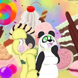  1:1 anthro bear black_body black_fur black_nose blush bodily_fluids candy cherry clothed clothing colorful_background colorful_theme cookie dairy_products dessert drooling duo fangs female food fruit fur fur_markings giant_panda hair hoodie human ice_cream jelly_bean jyushimatsu_matsuno lollipop lunarpanda8686 macaron_(food) male male/female mammal markings mika_(lunarpanda8686) mr._osomatsu open_mouth peppermint_(candy) plant pocky pudding round_ears saliva simple_background slightly_chubby smile sprinkles sweets teeth tongue tongue_out topwear whipped_cream white_body white_fur white_hair 