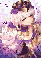  bare_shoulders black_dress black_hat book breasts closed_mouth collar commentary dress female fire_emblem fire_emblem:_three_houses fire_emblem_heroes fur_trim gloves hair_ornament hat highres holding holding_book long_hair lysithea_von_ordelia lysithea_von_ordelia_(a_new_future) nakabayashi_zun official_alternate_costume open_book pink_eyes purple_collar small_breasts smile solo white_gloves white_hair 