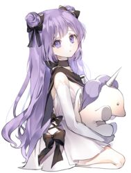  :t absurdres azur_lane bangs black_bow black_choker black_sailor_collar blush bow choker closed_mouth commentary cross-laced_clothes double_bun dress elbow_gloves english_commentary eyebrows_visible_through_hair female full_body gloves hairbow highres long_hair looking_at_viewer looking_to_the_side object_hug pout purple_eyes purple_hair rang_ji7 sailor_collar sailor_dress seiza simple_background sitting solo stuffed_alicorn stuffed_animal stuffed_toy unicorn_(azur_lane) very_long_hair white_background white_dress white_gloves 