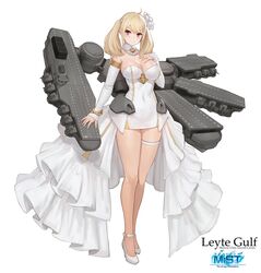  ahoge artnohearts blonde_hair breasts commentary dress female flight_deck flower full_body hair_flower hair_ornament hairclip hand_on_own_chest highres leyte_gulf_(steelblue_mirage) md5_mismatch mecha_musume military military_vehicle original red_eyes steelblue_mirage twintails warship_girls_r white_dress white_footwear 