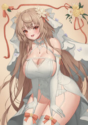  baeg_mi blush breasts dress female girls&#039;_frontline highres large_breasts light_brown_hair long_hair m37_(a_long_vacation_with_ithaca)_(girls&#039;_frontline) m37_(girls&#039;_frontline) official_alternate_costume orange_eyes sideboob skindentation smile solo very_long_hair wedding_dress wide_hips 