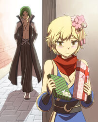  1boy bad_id bad_pixiv_id bell black_coat black_pants black_sash blonde_hair blue_kimono blush breasts brown_eyes cleavage closed_mouth coat commentary_request crescent female flower full_body gift green_hair grey_coat gunslinger_(ragnarok_online) hair_bell hair_flower hair_ornament high_collar holding holding_gift japanese_clothes jewelry jingle_bell kimono medium_breasts natsuya_(kuttuki) necklace ninja_(ragnarok_online) no_shirt obi open_clothes open_coat pants pink_flower ragnarok_online red_scarf sash scarf short_hair sleeveless sleeveless_kimono upper_body vambraces walking white_flower 