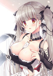  azur_lane between_breasts blush breasts cleavage commentary_request detached_collar dress female formidable_(azur_lane) frilled_dress frills grey_hair hair_ribbon highres large_breasts long_hair looking_at_viewer minakami_nagara no_bra open_mouth partial_commentary red_eyes ribbon solo twintails 