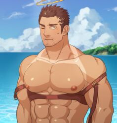  1boy abs bara beach blue_sky brown_hair chest_harness day facial_hair fire flaming_halo gorou_naoki halo harness highres large_pectorals looking_at_viewer male_focus muscular muscular_male nipples one_eye_closed outdoors pectorals sky solo stubble sweatdrop tan tanlines thighs tokyo_afterschool_summoners topless_male water yellow_eyes zabaniyya_(fashionista_swimsuit)_(housamo) zabaniyya_(housamo) 